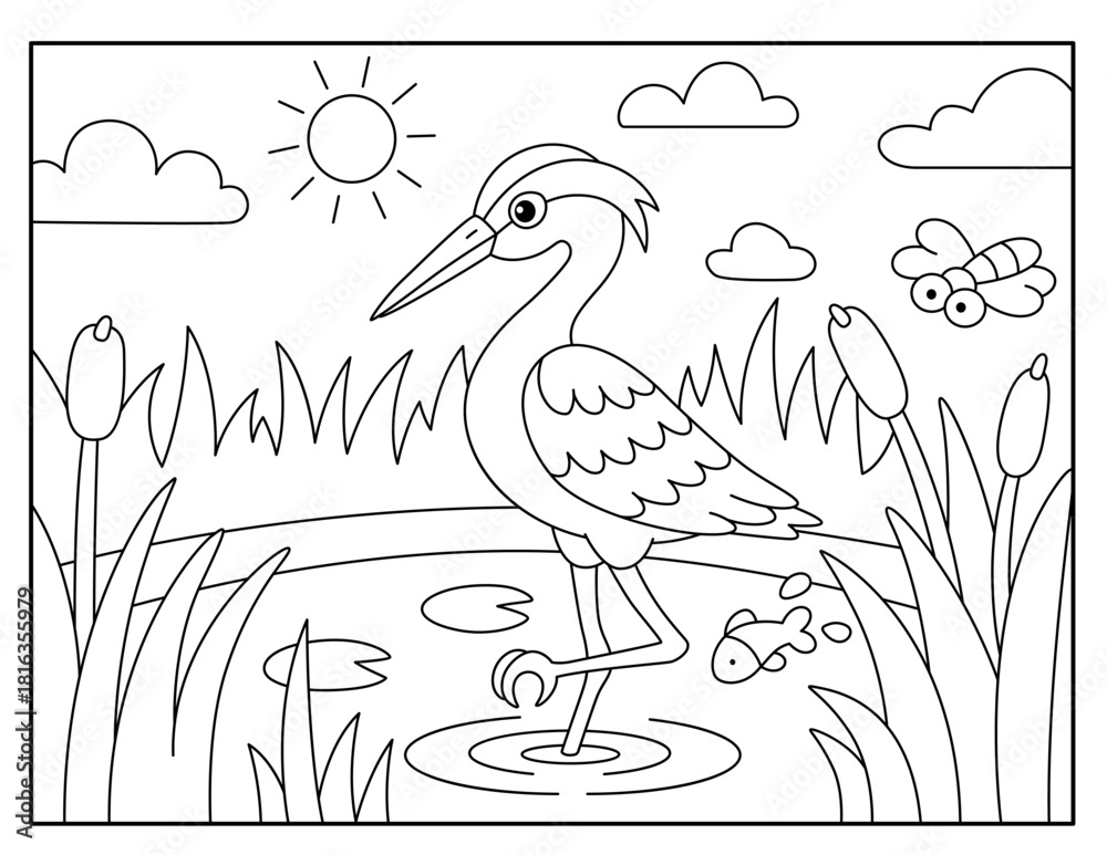 Obraz premium Heron Coloring Page for Kids – Pond Life and Nature Scene