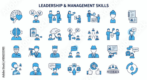 Illustration depicting various leadership and management skills with symbolic representations of concepts and actions