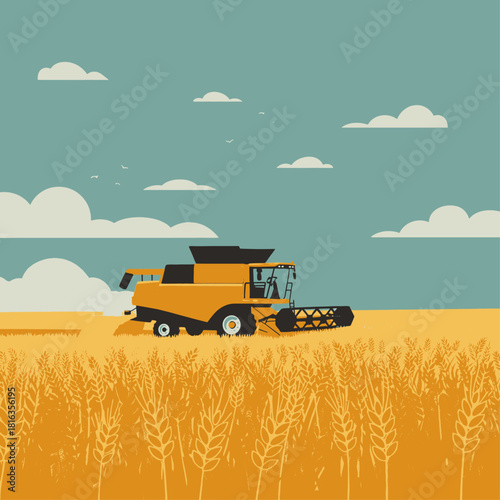 A yellow combine harvester working in a golden wheat field during the autumn harvest season.