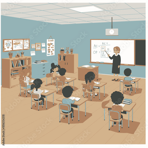 A teacher instructs students in a classroom setting with desks, a whiteboard, and educational materials.