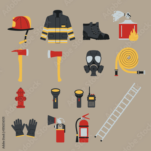 A collection of essential firefighting equipment and gear, including helmets, jackets, axes, hoses, and extinguishers, displayed on a plain background.