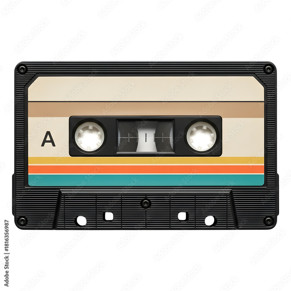 Obraz premium Retro cassette tape illustration with colorful stripes on a black background for nostalgic design