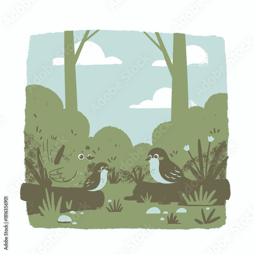 Two small birds sitting on logs in a serene forest clearing with trees and bushes under a cloudy sky, illustrated in a minimalist style.