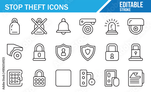 Modern outline icons for surveillance and theft prevention