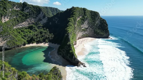 Aerial View of Kelingking Beach and Rugged Coastline in Nusa Penida, Indonesia