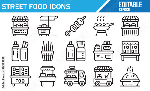 Minimal line icons representing street snacks and fast food