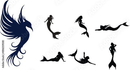 set of silhouettes of fish girls
