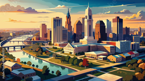 Very beautiful aerial view of Columbus, Ohio skyline from the south, captured via drone photography, highlighting modern high-rise buildings, the riverfront, and the city’s dynamic urban layout under 