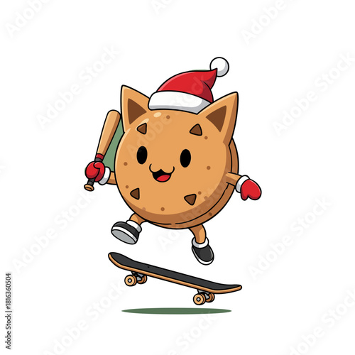 Cute_Cookie_Mascot_Skateboarding_Christmas_Santa_Hat_Cartoon_Vector