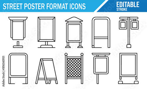 Collection of editable street poster outline icons featuring outdoor advertising boards, signage stands, pavement display frames, city information panels, billboard formats, and minimal linear promoti