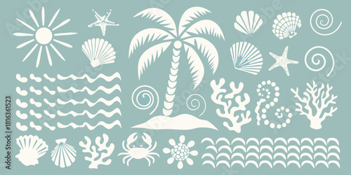 Summer beach elements vector illustration with palm tree seashells sun and marine life