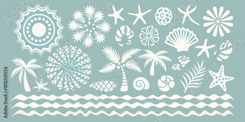 Summer beach elements pattern with palm trees starfish and seashells in blue