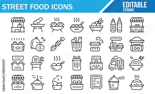 Set of editable street food outline icons featuring food carts, snack stalls, sauce bottles, grilled skewers, fast-food stands, mobile vendors, festival food elements, and minimal linear culinary illu