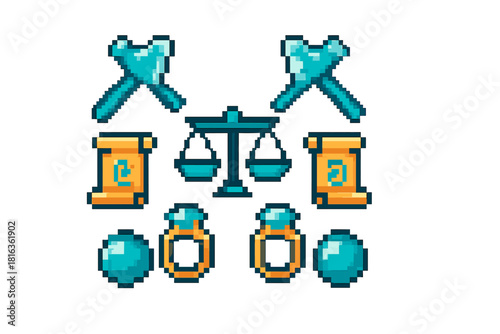 Fantasy game assets set with axes, scrolls, scales of justice, rings, and magic gems