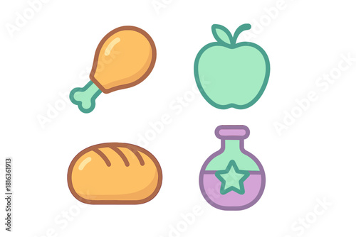 Colorful food and fantasy item collection: chicken, apple, bread, potion bottle