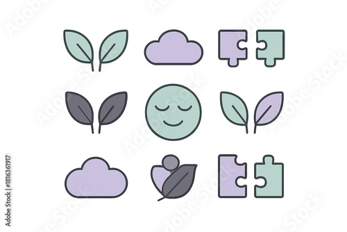Minimalist symbols featuring leaves, clouds, puzzle pieces, and a peaceful face