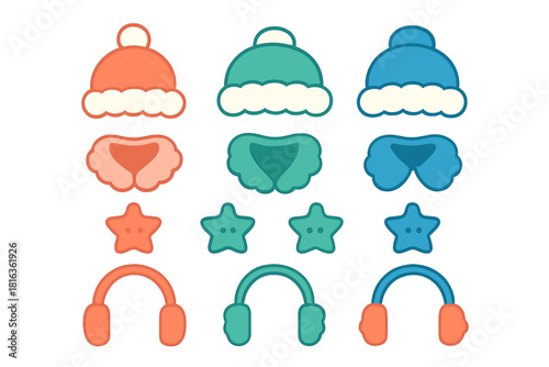 Collection of colorful winter accessories including knitted hats, earmuffs, and neck warmers