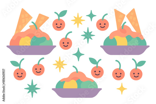 Colorful seamless pattern of ice cream sundaes, waffle cones, and smiling cherry characters