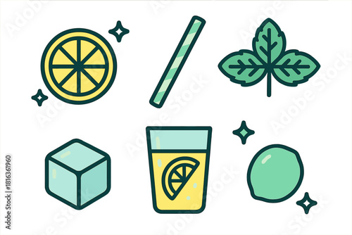 Refreshing summer drink ingredients: lemon slice, mint leaf, ice cube, and glass of lemonade