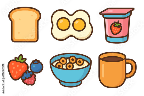 Popular breakfast items set including toast, fried eggs, cereal, yogurt, berries, and coffee