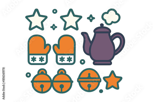 Cozy winter holiday objects including mittens stars bells and a steaming teapot