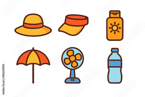 Sun hat, sunscreen, fan, umbrella, and water bottle for summer heat protection