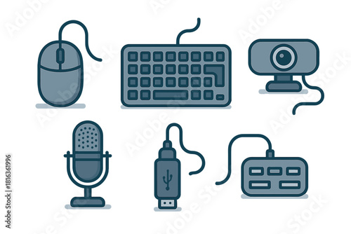 Set of essential computer hardware accessories icons including mouse keyboard webcam microphone and USB