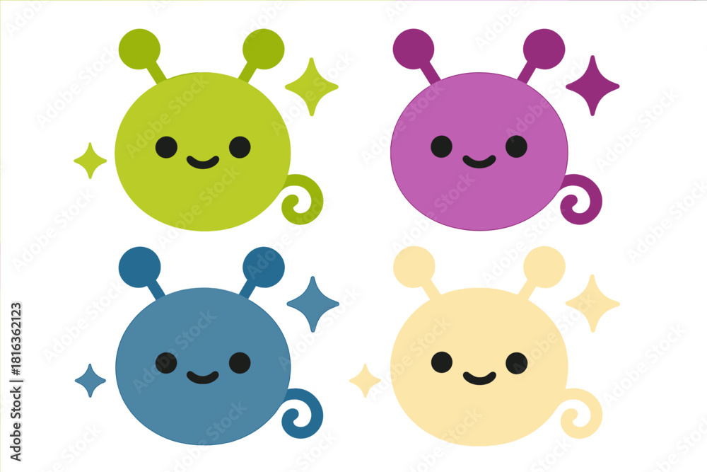 Fototapeta premium Four cute smiling alien characters in bright colors with antennae and sparkles