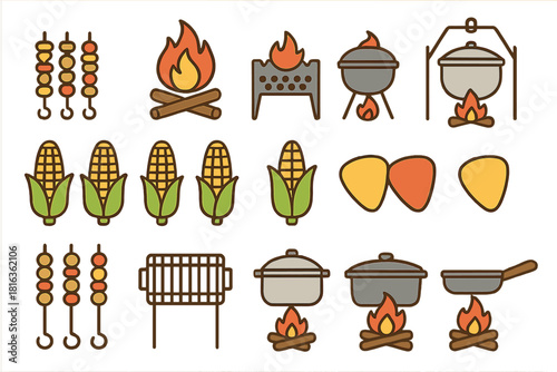 Grilling and campfire cooking tools set featuring food items and open flames