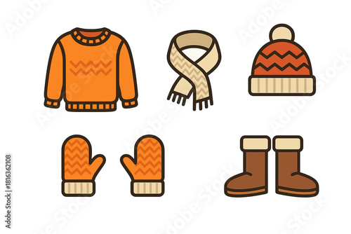 Warm winter clothing set featuring orange sweater, patterned scarf, knitted hat, mittens, and brown boots