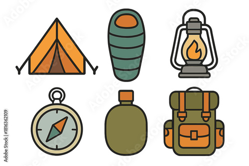Essential outdoor gear collection tent sleeping bag lantern compass canteen backpack