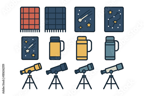 Outdoor camping and stargazing equipment including blankets thermoses telescopes and night sky scenes