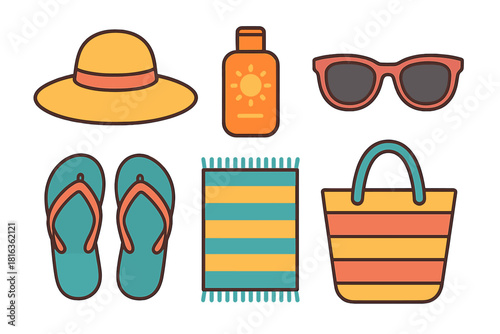 Colorful beach accessories set featuring sun hat, flip flops, sunglasses, sunscreen, towel, and bag