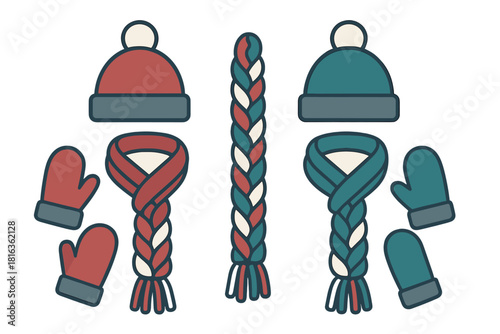 Cozy winter accessories set featuring knitted beanies, braided scarves, and warm mittens