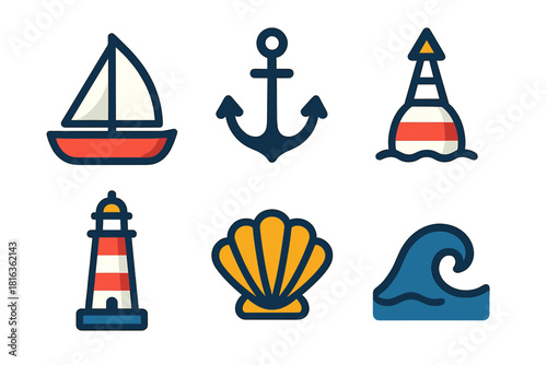 Colorful nautical marine icons set featuring sailboat anchor lighthouse buoy wave