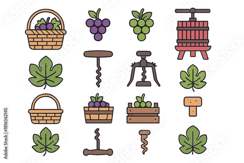 Grapes, corkscrews, wine press, baskets, and leaves representing wine production and harvest
