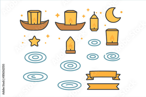 Floating lanterns and night sky elements set with water ripples and decorative ribbons