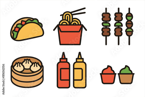 Set of international street food and restaurant icons featuring tacos, noodles, skewers, and sauces