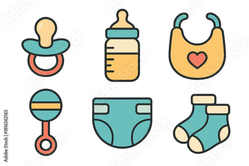 Essential baby care items collection including pacifier feeding bottle bib rattle diaper and socks