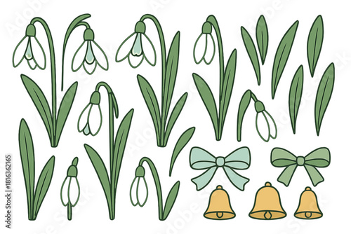 Set of spring snowdrop flowers, green leaves, decorative ribbon bows, and golden bells
