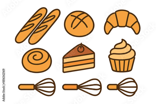 Collection of baked goods, bread, cake, muffins, and pastry cooking tools