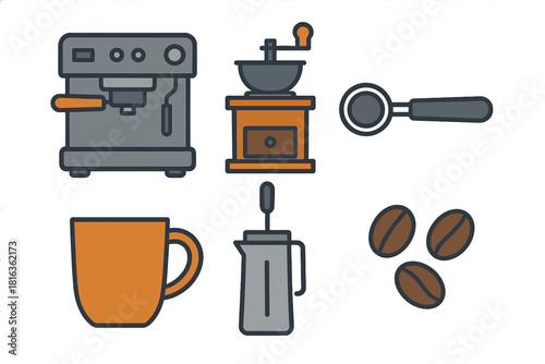 Set of coffee brewing equipment including espresso machine, grinder, French press, and mug