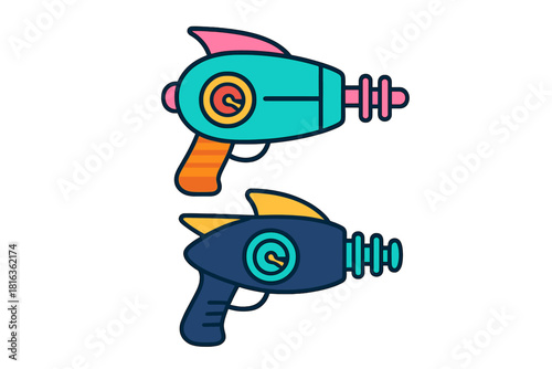 Colorful retro futuristic space blasters set with vintage science fiction ray gun designs