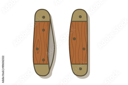 Pair of closed folding pocket knives with textured wooden handles and brass bolsters