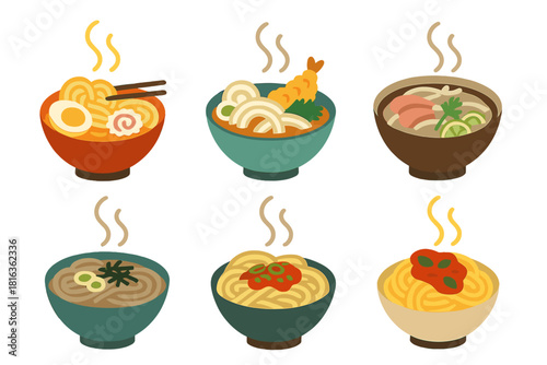 Collection of six steaming bowls of various Asian noodle soups and pasta dishes