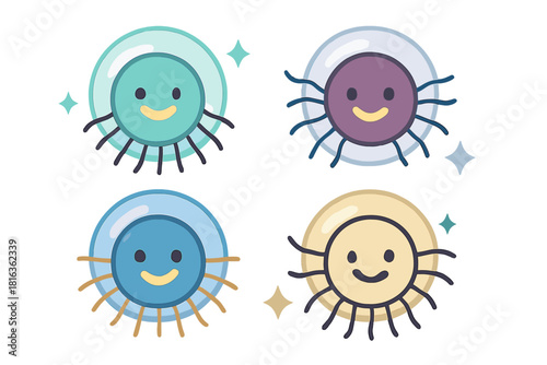 Four colorful cute smiling jellyfish icons with tentacles and sparkling details