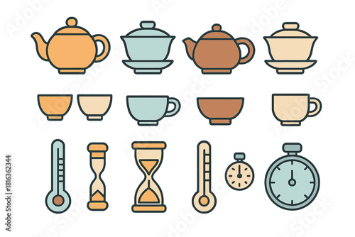 Teaware and measurement instruments set including teapots, cups, thermometers, hourglasses, and stopwatches
