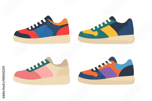 Four colorful athletic sneakers with contrasting color blocks and white laces