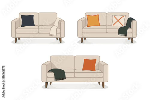 Collection of three modern beige sofas with colorful cushions and cozy blankets for home decor