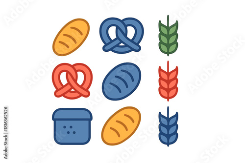 Colorful bakery and grain products set including bread loaves, pretzels, and wheat ears